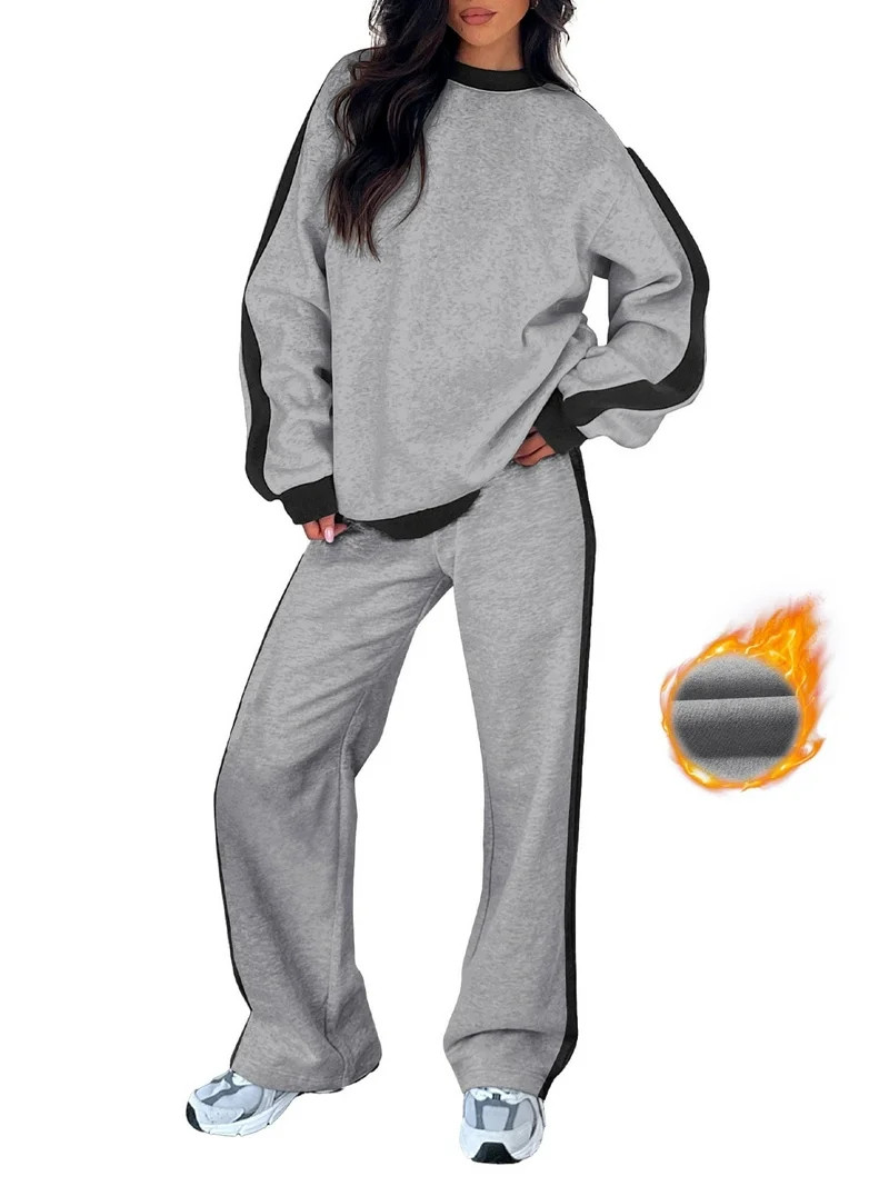 SHEWIN Womens Sweatsuits 2 Piece Set Fleece Lined Outfits Crew Neck Colorblock Long Sleeve Sweats... | Walmart (US)