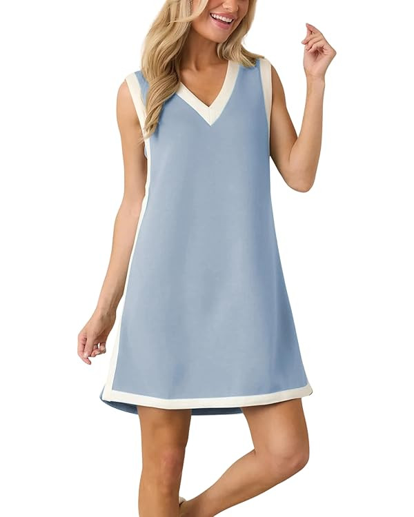Huaqiao Womens Sleeveless Mini Dress V Neck Color Block Casual Beach Sundress Loose Fit Athletic ... | Amazon (US)