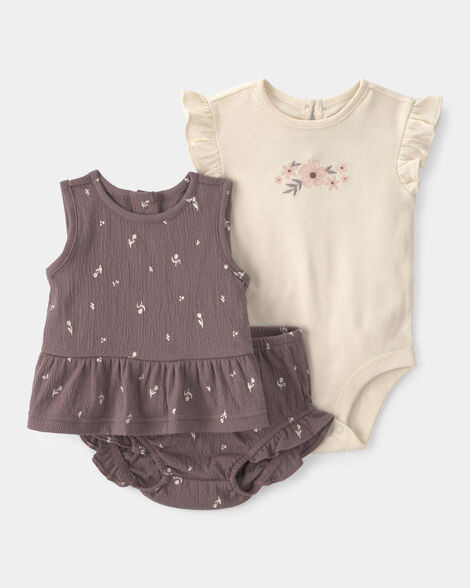 Baby Girl 3-Piece Floral Top, Bodysuit & Short Set - Brown/Ivory | Carter's | Carter's Inc