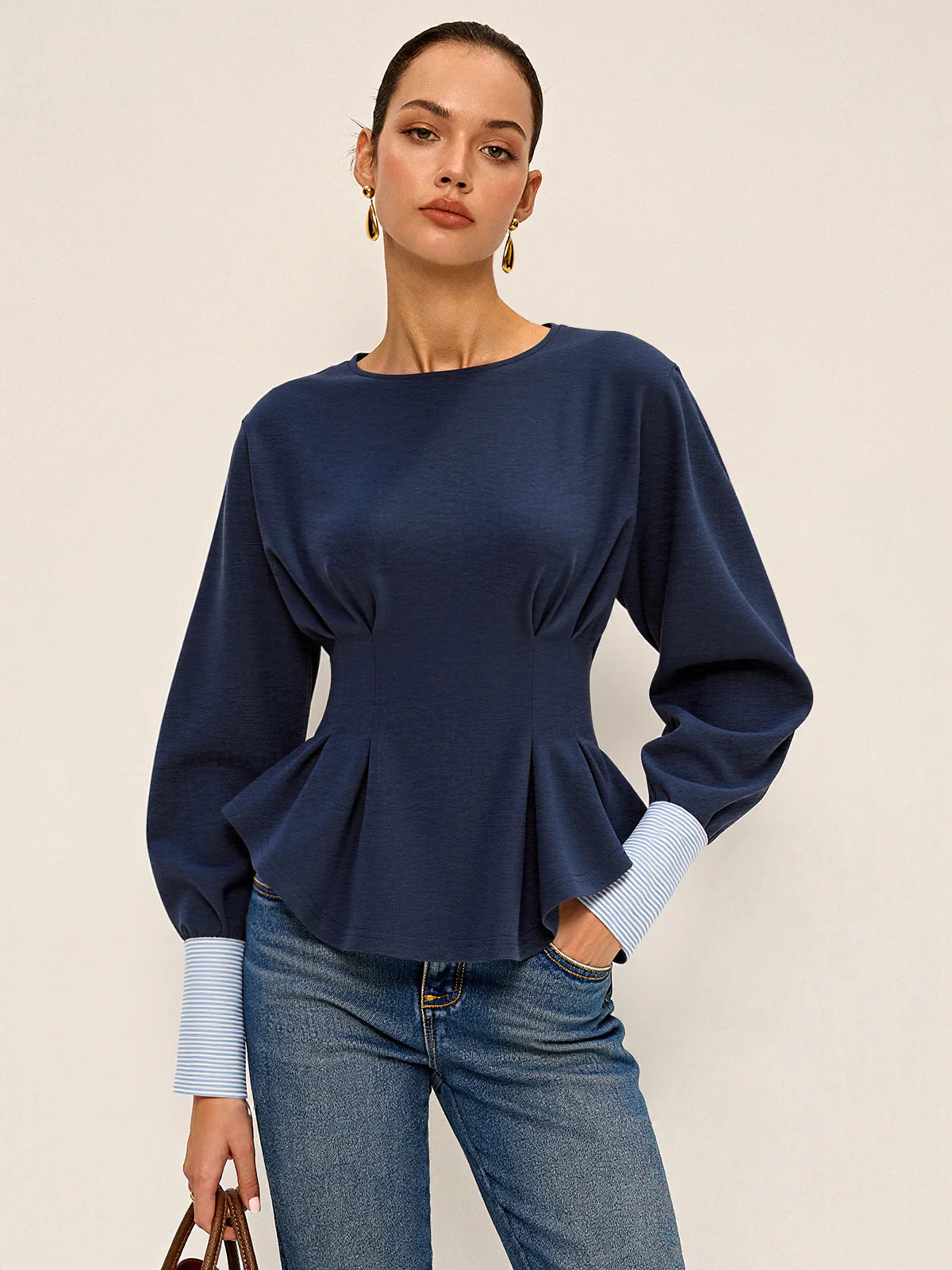 Round Neck Balloon Sleeve Peplum Sweatshirt | Commense