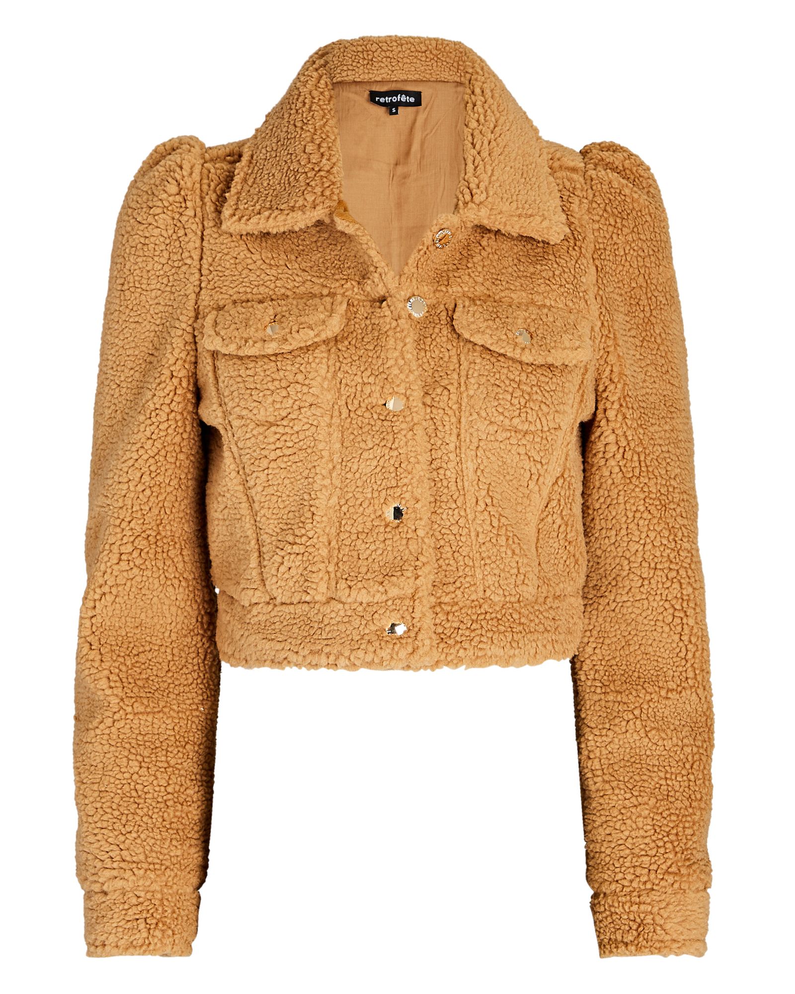 Retrofête Brie Puff-Sleeve Teddy Cropped Jacket, Brown M | INTERMIX