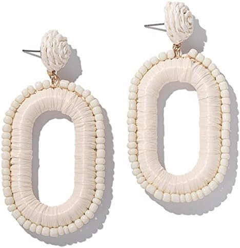 Beaded Raffia Boho Earrings - Cute Seed Bead Square Drop Dangle Earrings for Summer | Amazon (US)