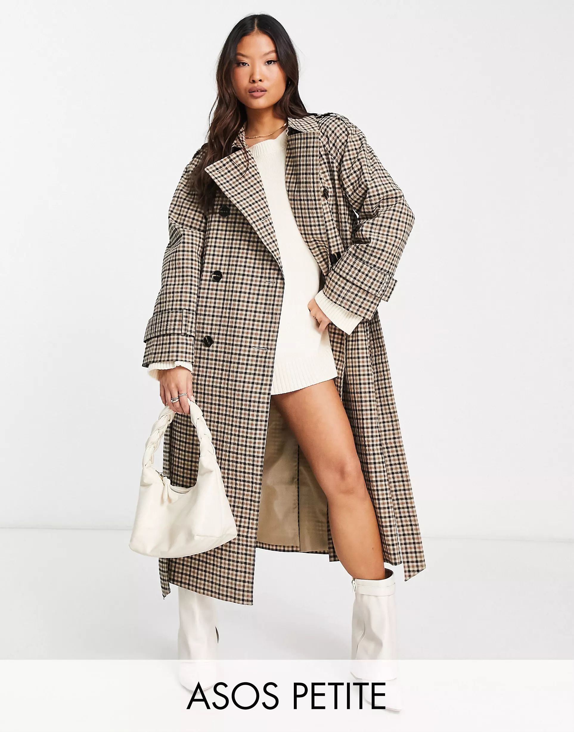 ASOS DESIGN Petite - Trench-coat à carreaux - Marron | ASOS (Global)