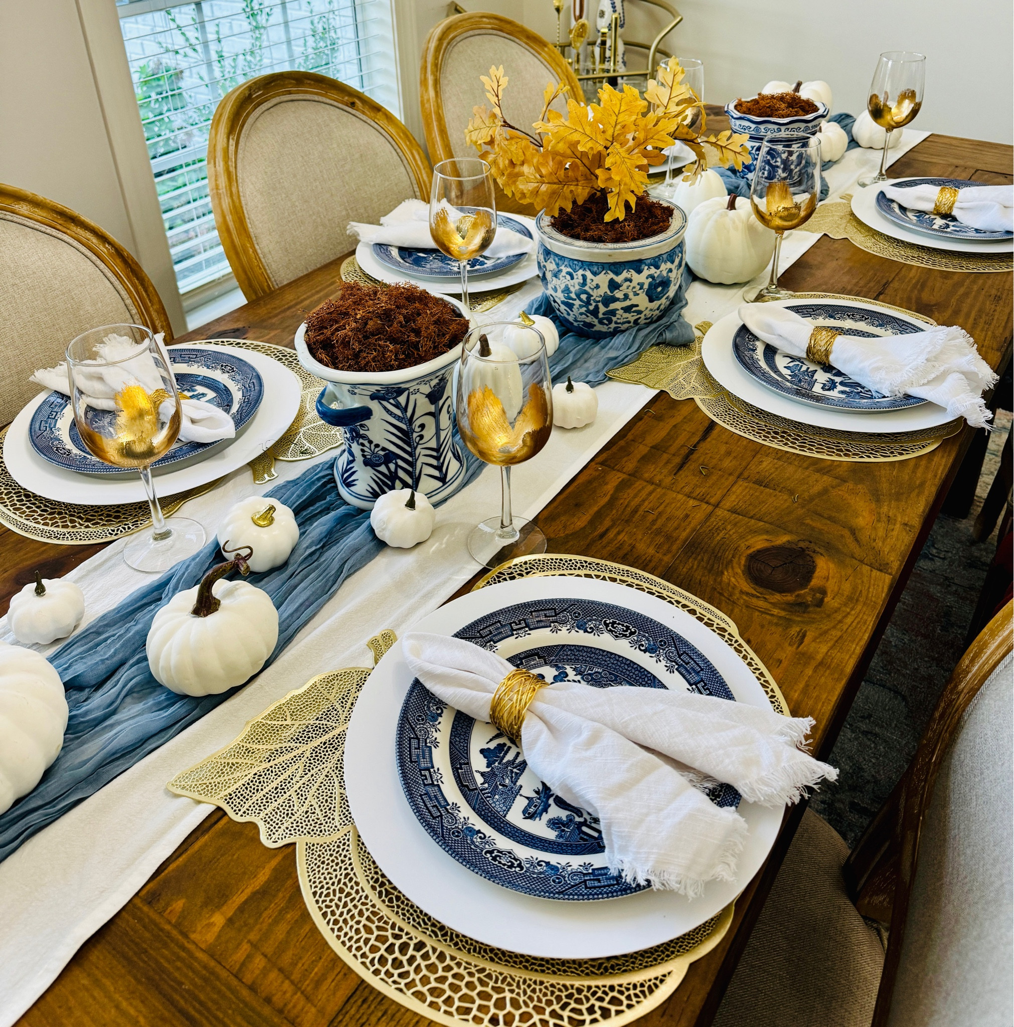 Blue and white fall table decor. White pumpkins, blue and white, fall decorations 

#LTKHome #LTKSeasonal