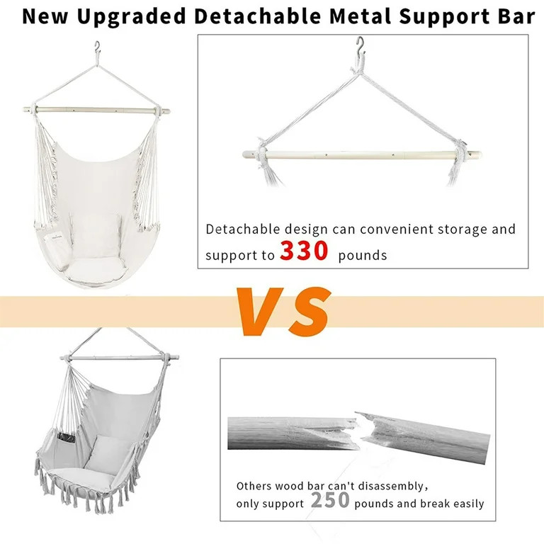Large Hammock Chair Swing, Relax Hanging Rope Swing Chair with Detachable Metal Support Bar & Two... | Walmart (US)