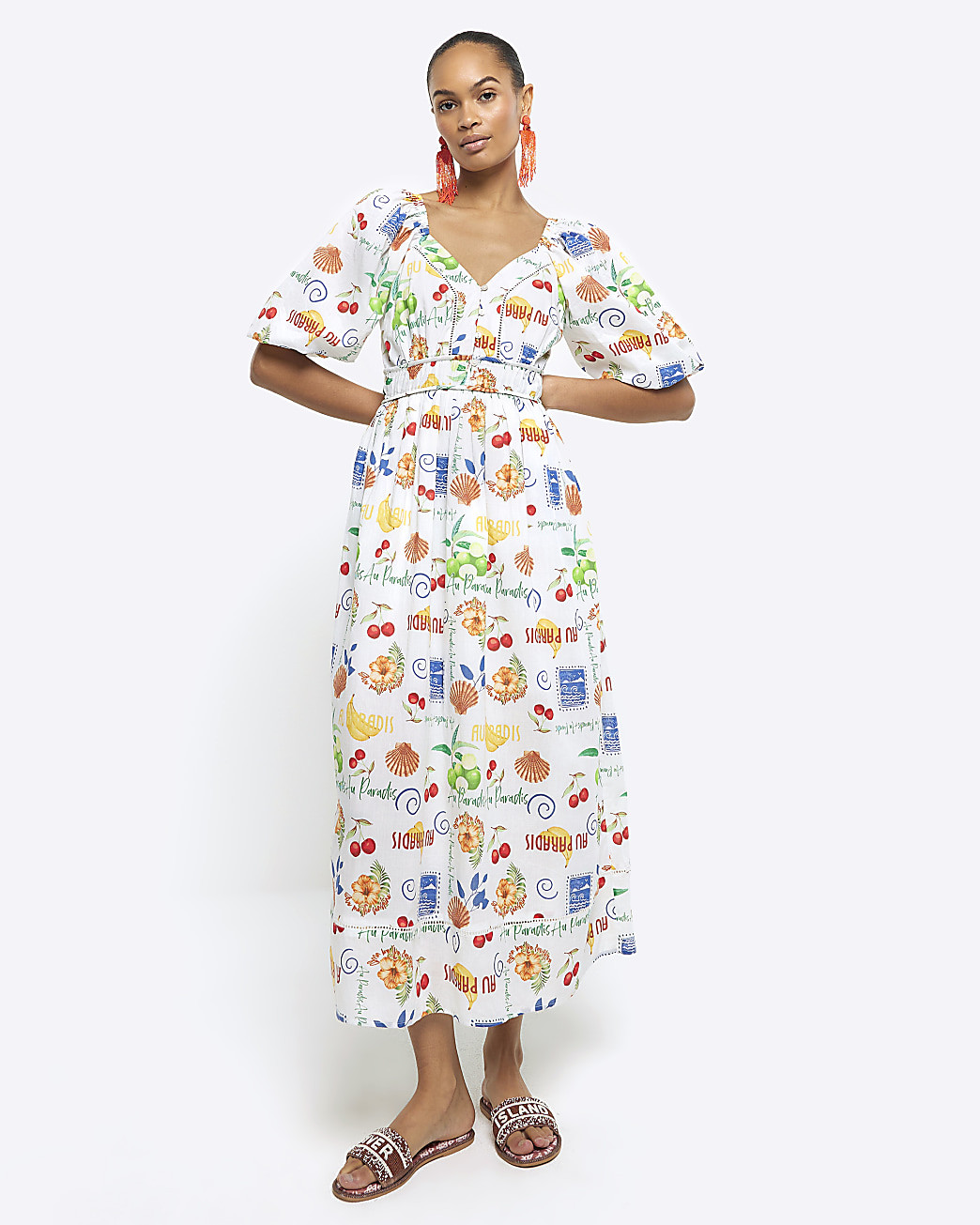 Beige graphic puff sleeve swing midi dress | River Island (UK & IE)