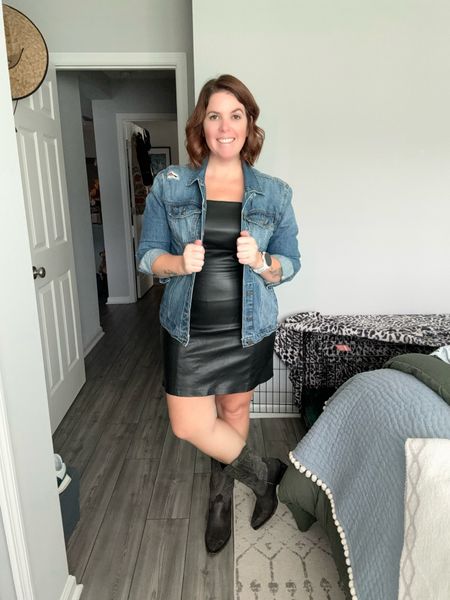 3 Ways to Style this Amazon Vegan Leather Dress! 

Look 3: I added some Tecovas and a denim jacket to this dress and you are now ready for a country concert or a night out in Nashville! The dress runs TTS (but I would size up for a little extra room and length)! The dress comes in 4 color options and 2 of the. Pilots are over 60% off! 

#LTKmidsize #LTKstyletip #LTKxPrime