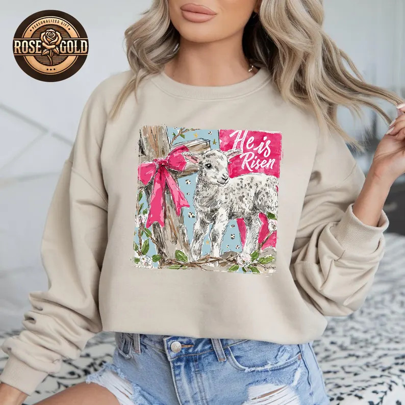 He is Risen Easter Sheep Sweater, Christian Cross Spring Lamb Sweatshirt, Faith Based Bible Verse... | Etsy (US)