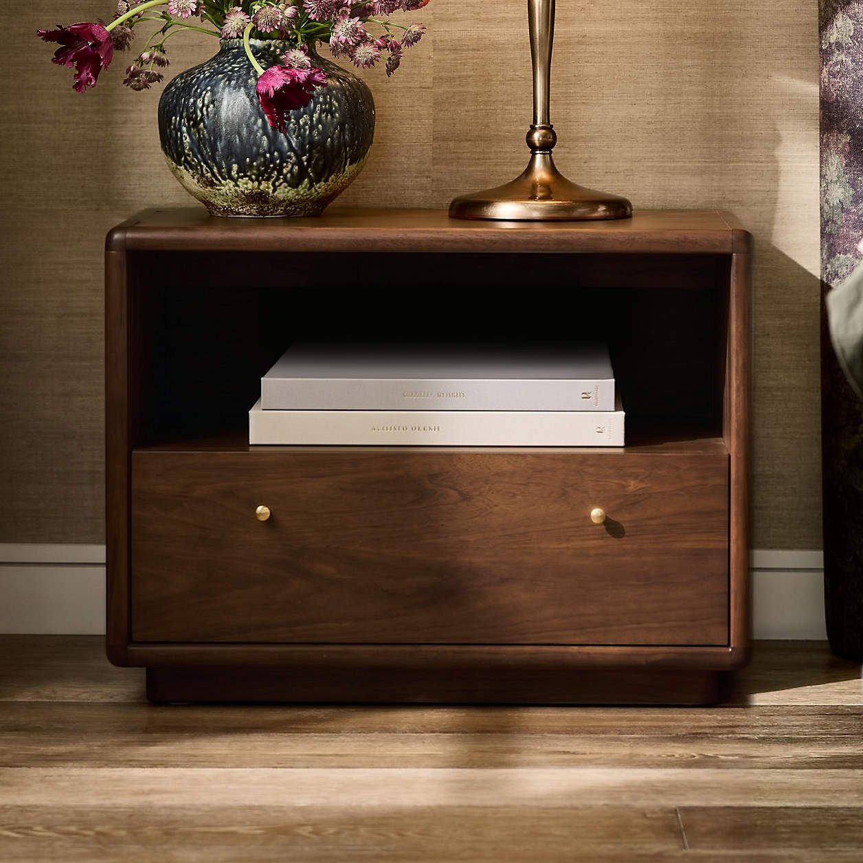 Lafayette 32" Walnut Wood Charging Nightstand + Reviews | Crate & Barrel | Crate & Barrel