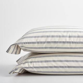 Narrow Stripe Navy 200-Thread Count Cotton Percale Standard Pillowcase (Set of 2) | The Home Depot