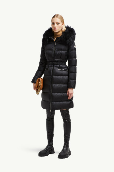 Boedic Black Hooded Shearling Long Down Jacket | Moncler