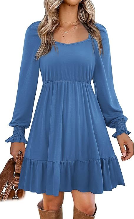 Yousify Women Long Sleeve Dress Lantern Puff Sleeve Square Neck Tunic Dress S-XXL | Amazon (US)