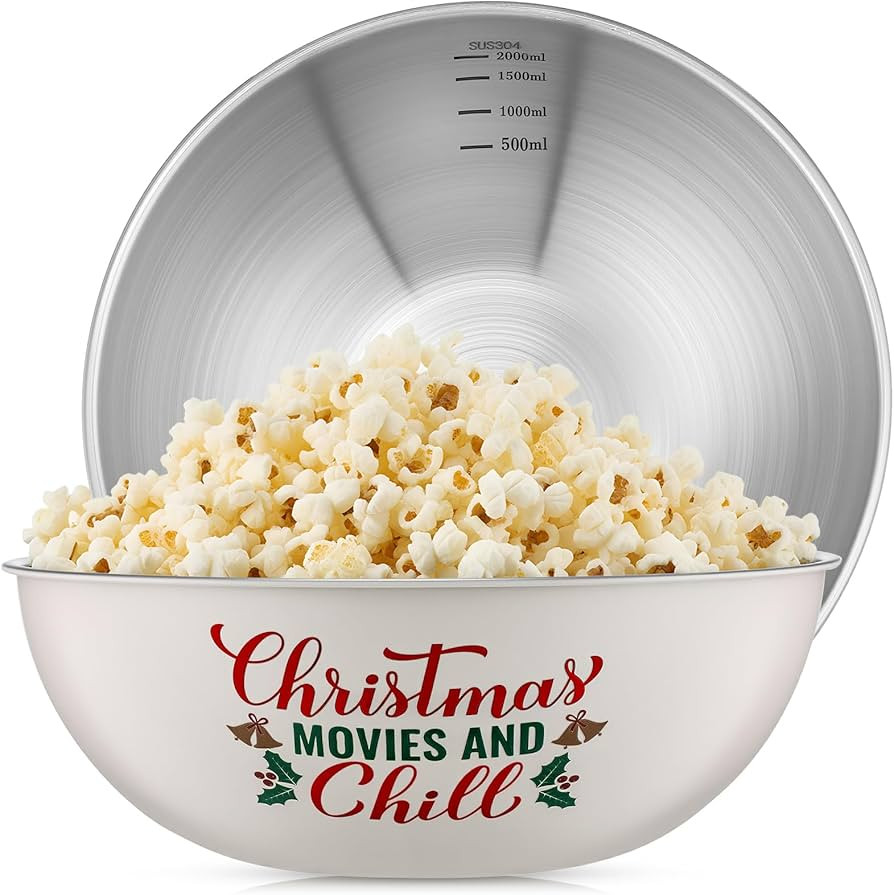 2 Pcs christmas Movie Night Popcorn Bowl Set 3 Qt Stainless Steel Popcorn Buckets Metal Mixing Bo... | Amazon (US)