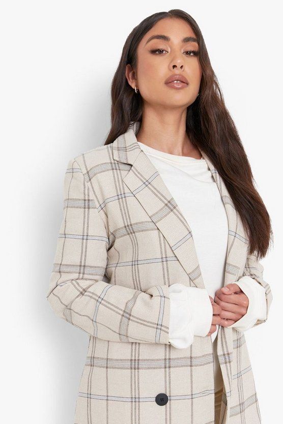 Tonal Check Double Breasted Longline Blazer | Boohoo.com (US & CA)