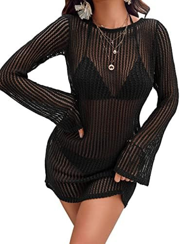 Blooming Jelly Women's Swimsuit Coverup Crochet Bikini Cover Ups Hollow Out Net Longsleeve Swimwe... | Amazon (US)