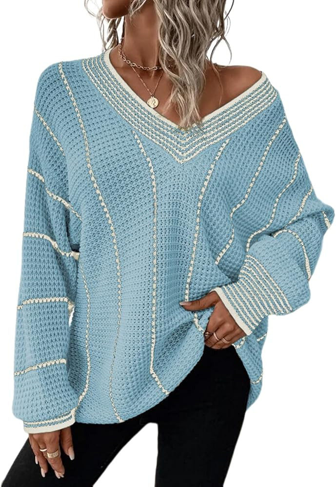 Dokotoo Womens Oversized Striped Tunic Long Sleeve Sweaters Casual V Neck Color Block Knit Pullov... | Amazon (US)