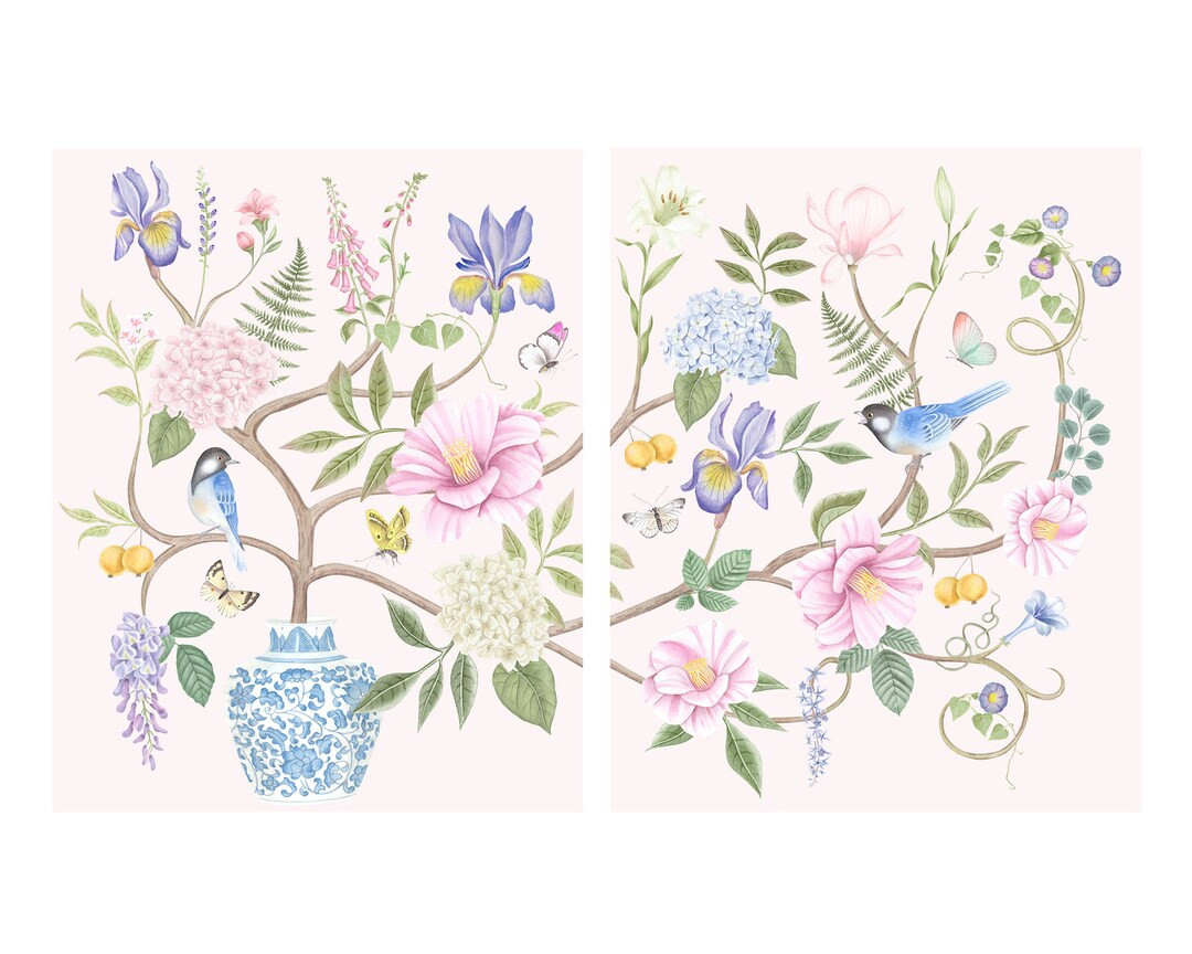 Set of Two Art Prints Chinoiserie Flowers with Birds and Butterflies // Nursery Decor // Girls Ro... | Etsy (US)
