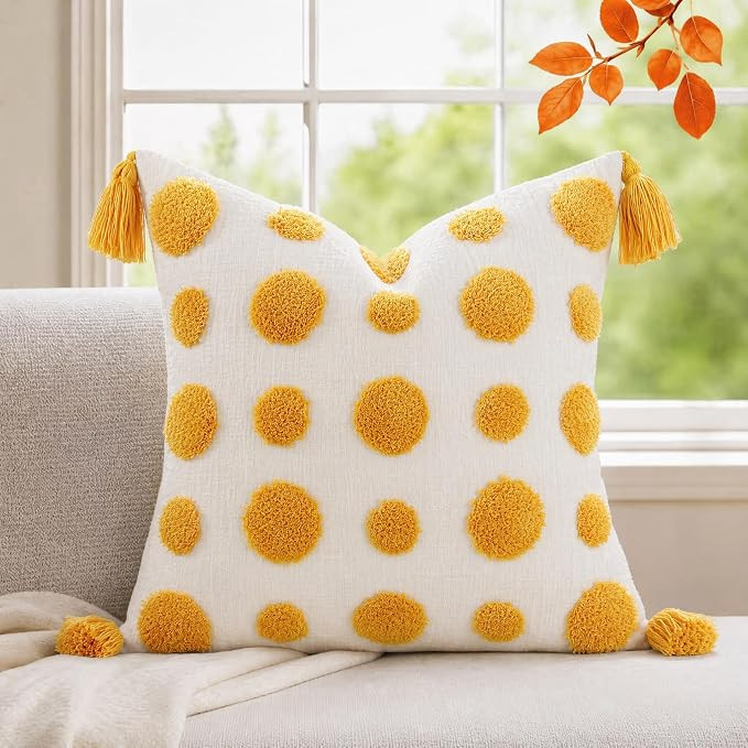 PANOD Super Soft Farmhouse Decorative Plush Throw Pillow Covers 26 x 26 Yellow,Solid Pom pom Tuft... | Amazon (US)