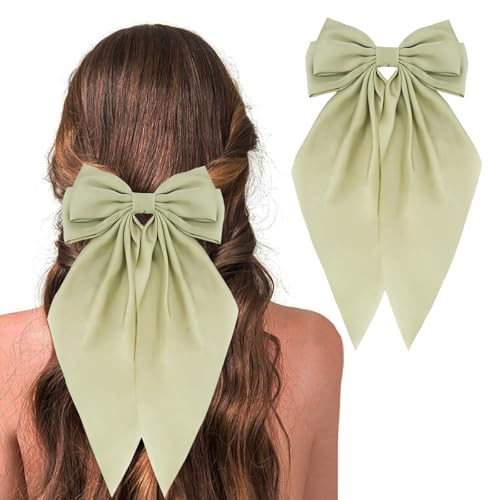 yqswstl Green Hair Bows for Women Satin Silk Hair Bow Hair Ribbons Oversized Long Tail Bow Hair Clips Large Hair Ribbon Barrettes Metal Clips Bowknot Cute Girls Hair Accessories | Amazon (US)