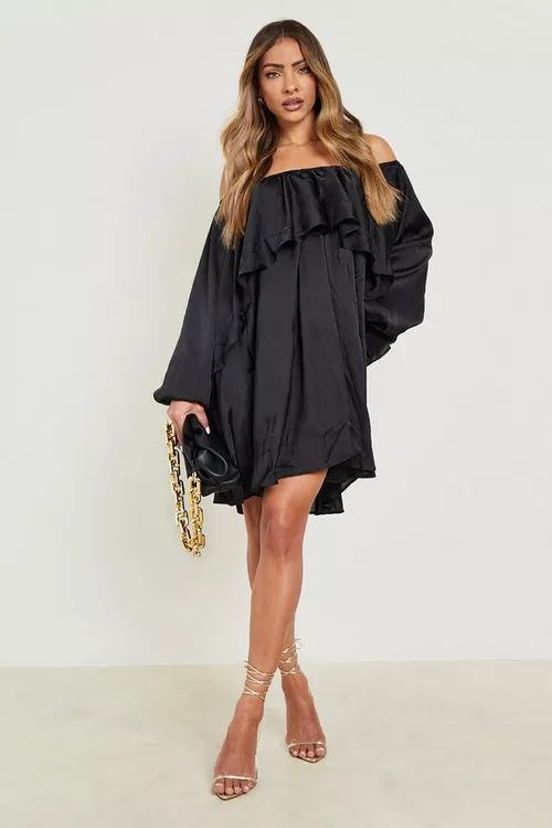 Satin Bardot Blouson Sleeve Swing Dress | Boohoo.com (US & CA)