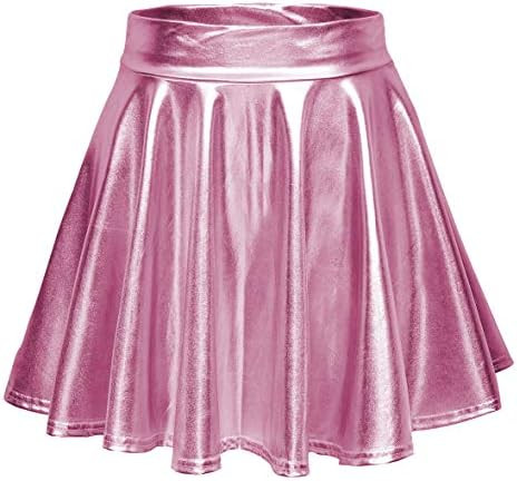 EXCHIC Women's Shiny Metallic Wet Look Stretchy Flared Mini Skater Skirt | Amazon (US)