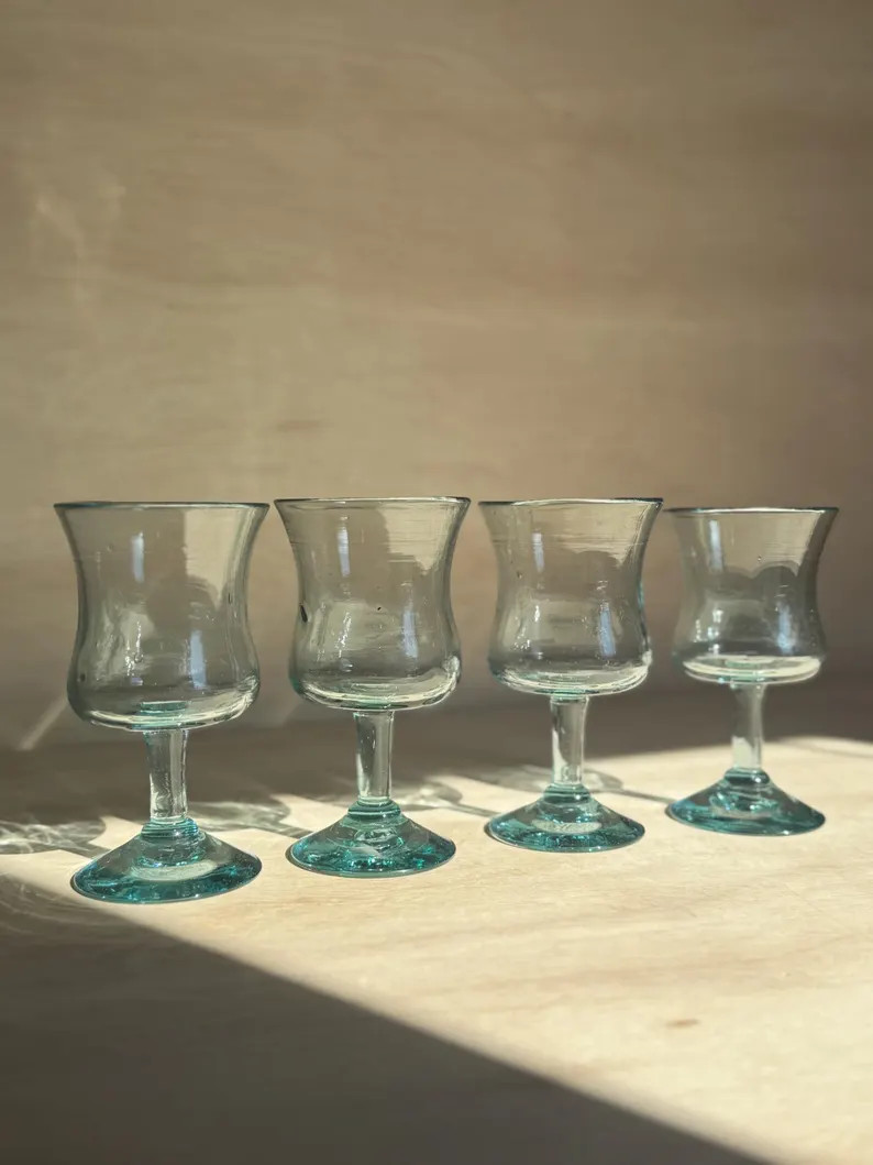 Vintage Hand Blown Turquoise Stemmed Glasses Set of 4, Aqua Wine Goblets, Art Glass Drinkware, Fl... | Etsy (Global)