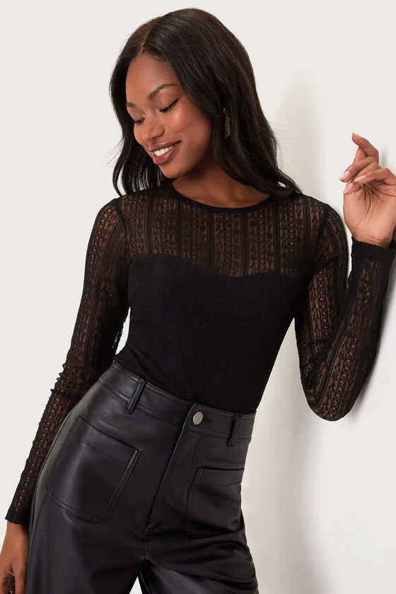Sheer Passion Black Sheer Lace Long Sleeve Bodysuit | Lulus