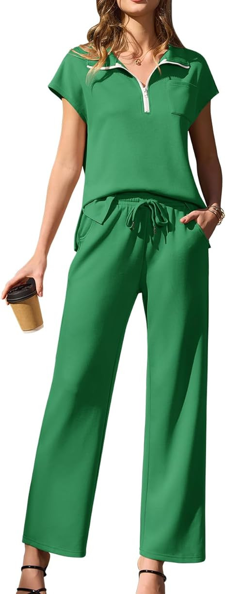 difficort Womens Two Piece Outfits Summer Cap Sleeve Lapel Half Zip Sweatshirts Wide Leg Pants Tr... | Amazon (US)