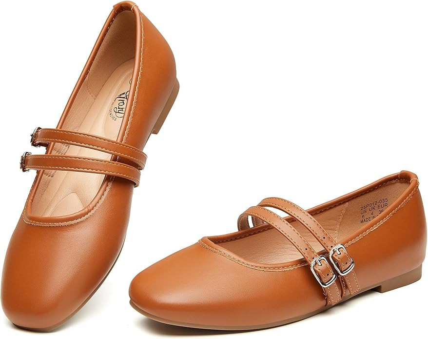 Trary Mary Jane Shoes Women Square Toe Flats for Women Dressy Ballet Flat Mary Jane Flats with Bu... | Amazon (US)