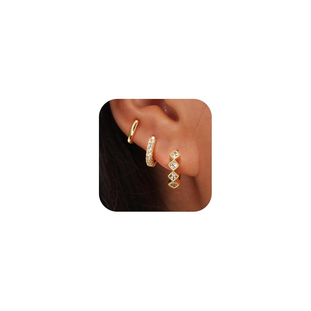 Gold Hoop Earrings Set for Women Trendy, 14K Gold Plated Chunky Hypoallergenic Small Diamond Cart... | Amazon (US)