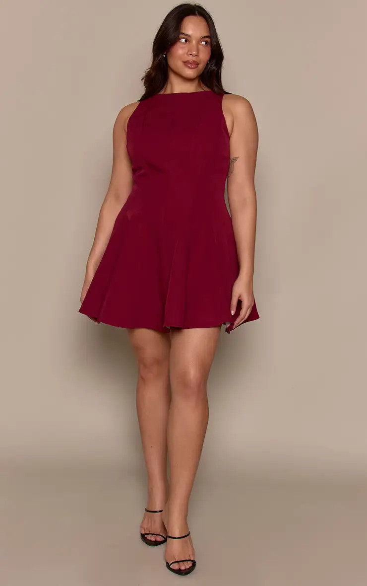 Burgundy Woven Pleated Slash Neck Shift Dress | PrettyLittleThing USA | PrettyLittleThing US