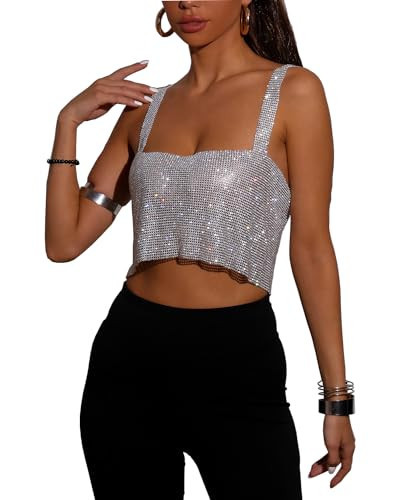 PartyArt Women Rhinestones Tops Sexy Sparkly Crop Top Sleeveless Trendy Spaghetti Strap Tube Tank Top Rave Party Clubwear Silver Small | Amazon (US)