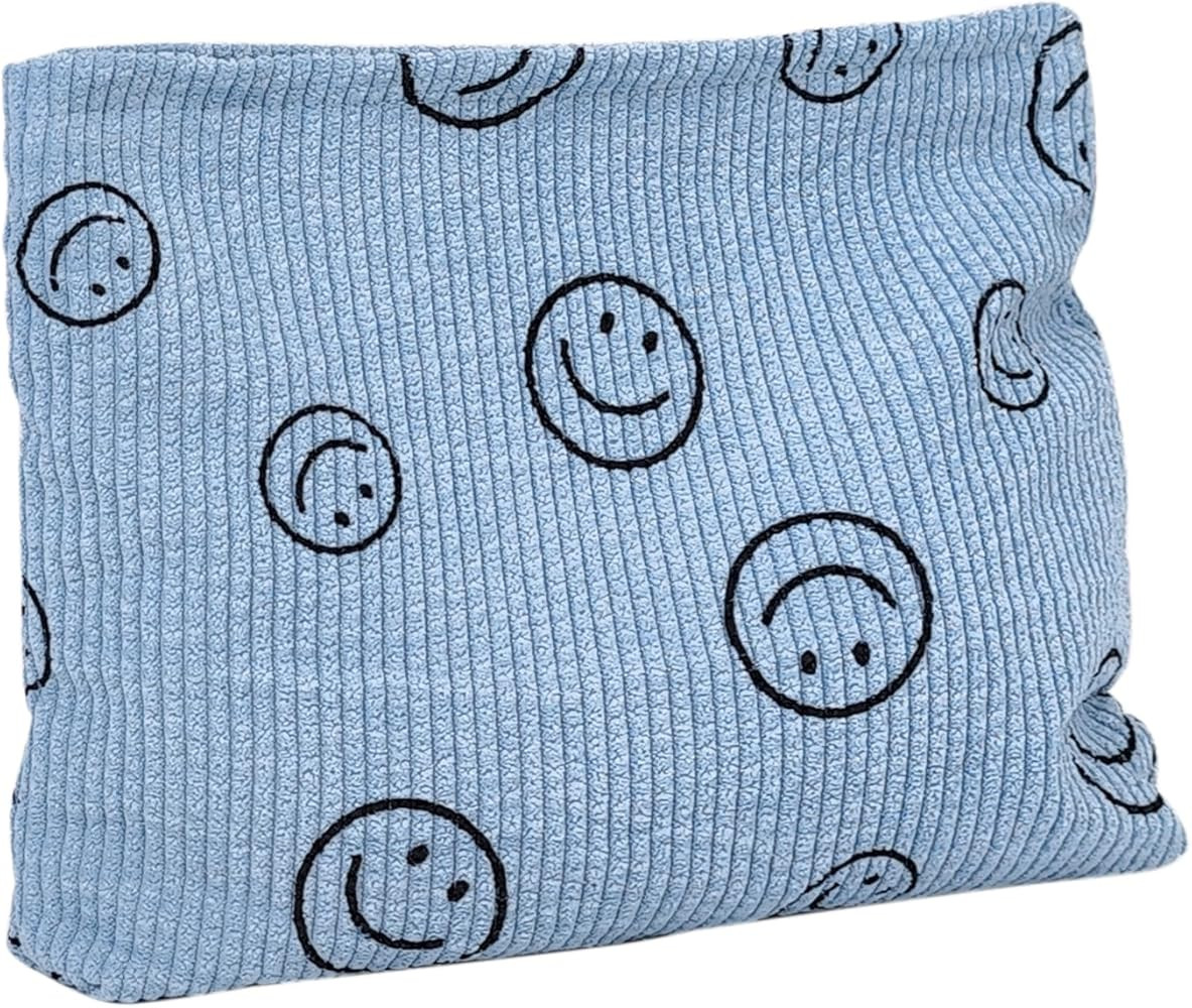 Corduroy Makeup Bag for Women - Cute Smiley Face Cosmetic Pouch, Travel Essentials Organizer with... | Amazon (US)