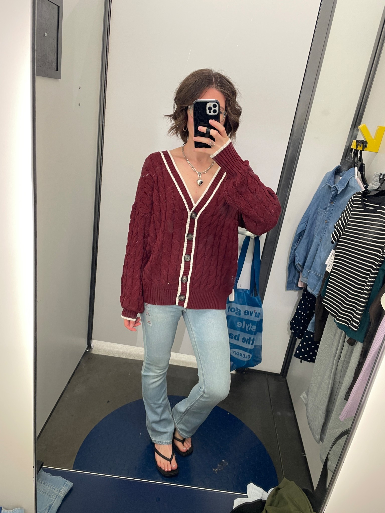 Cardigan: runs big, but I wouldn’t size down. Machine washable and heavy weight 
Jeans: TTS
Sandler: TTS