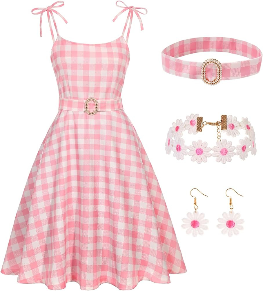 RKKVQP Movie Cosplay Doll Princess Halloween Costume Adult Cosplay Women Outfit Pink Plaid Dress ... | Amazon (US)