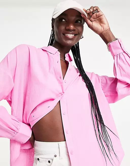 Vila linen touch oversized shirt in pink | ASOS (Global)