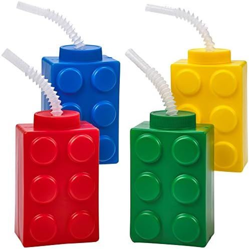 Building Blocks Cups with Straw & Lid - (Pack of 4) Reusable Brick Party Kids Cup for Block Birth... | Amazon (US)