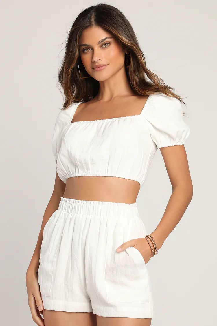 Double the Sun White Puff Sleeve Two-Piece Romper | Lulus (US)