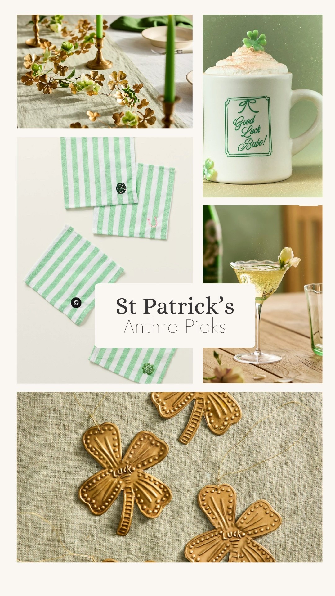 Looking for St. Patrick’s Day decor that feels chic instead of themed? This curated green decor includes brass shamrocks, linen coasters, a playful “good luck” mug, and glassware that works well beyond the holiday. Perfect for subtle seasonal styling on shelves, bar carts, and tables.

@Anthropologie 

#LTKHome #LTKspring #LTKSeasonal