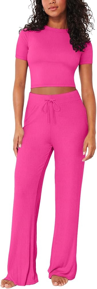 REORIA Women's Two Piece Lounge Set Soft Ribbed Crop Tops Flowy Wide Leg Pants Matching Summer Ba... | Amazon (US)