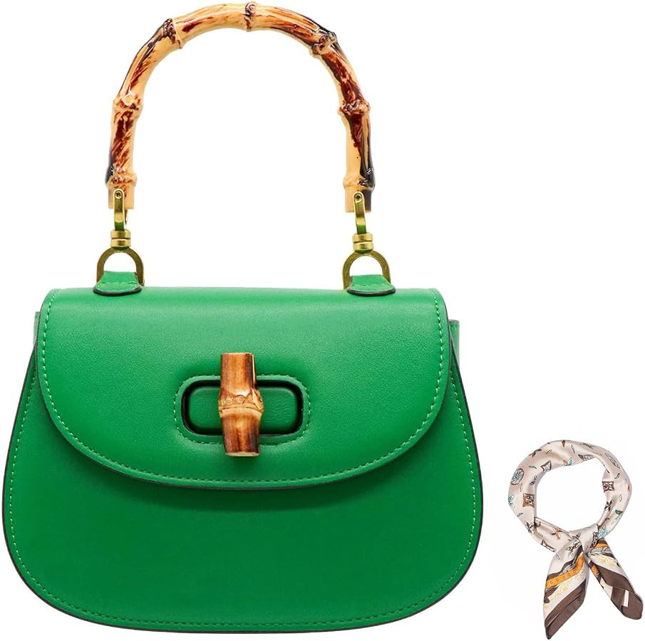 Women Tote Bag, Bamboo Handle PU Leather Top Handle Crossbody with 27.5 * 27.5in Scarf | Amazon (US)