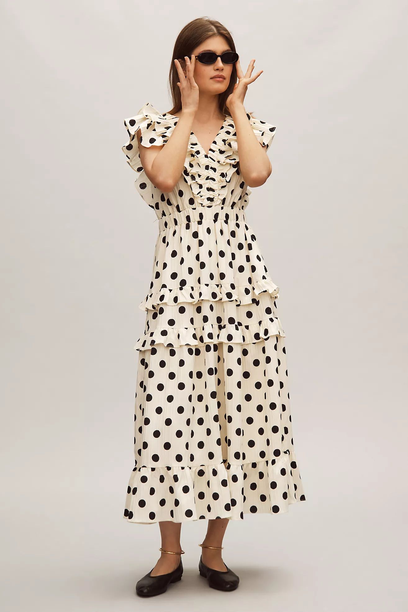 English Factory Ruffled Polka Dot Midi Dress | Anthropologie (US)