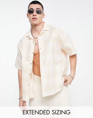 ASOS DESIGN boxy oversized revere linen shirt in beige check | ASOS (Global)