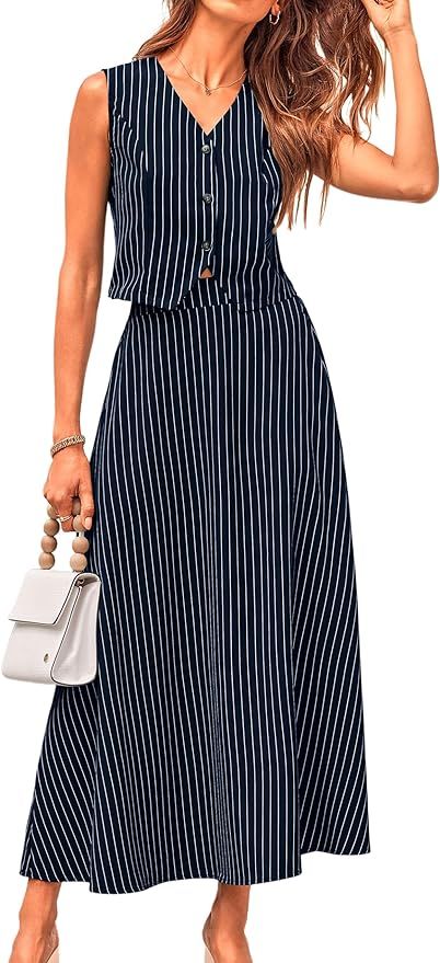 MASCOMODA Womens Fashion 2024 Spring Maxi Dress 2 Piece Outfits Blazer Crop Vest and Maxi Skirt S... | Amazon (US)