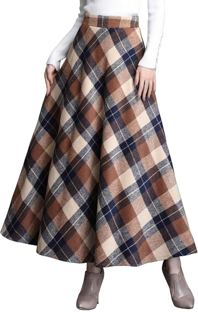 ebossy Women's Vintage High Waist Wool Blend Plaid A-Line Long Maxi Skirt with Pocket | Amazon (US)