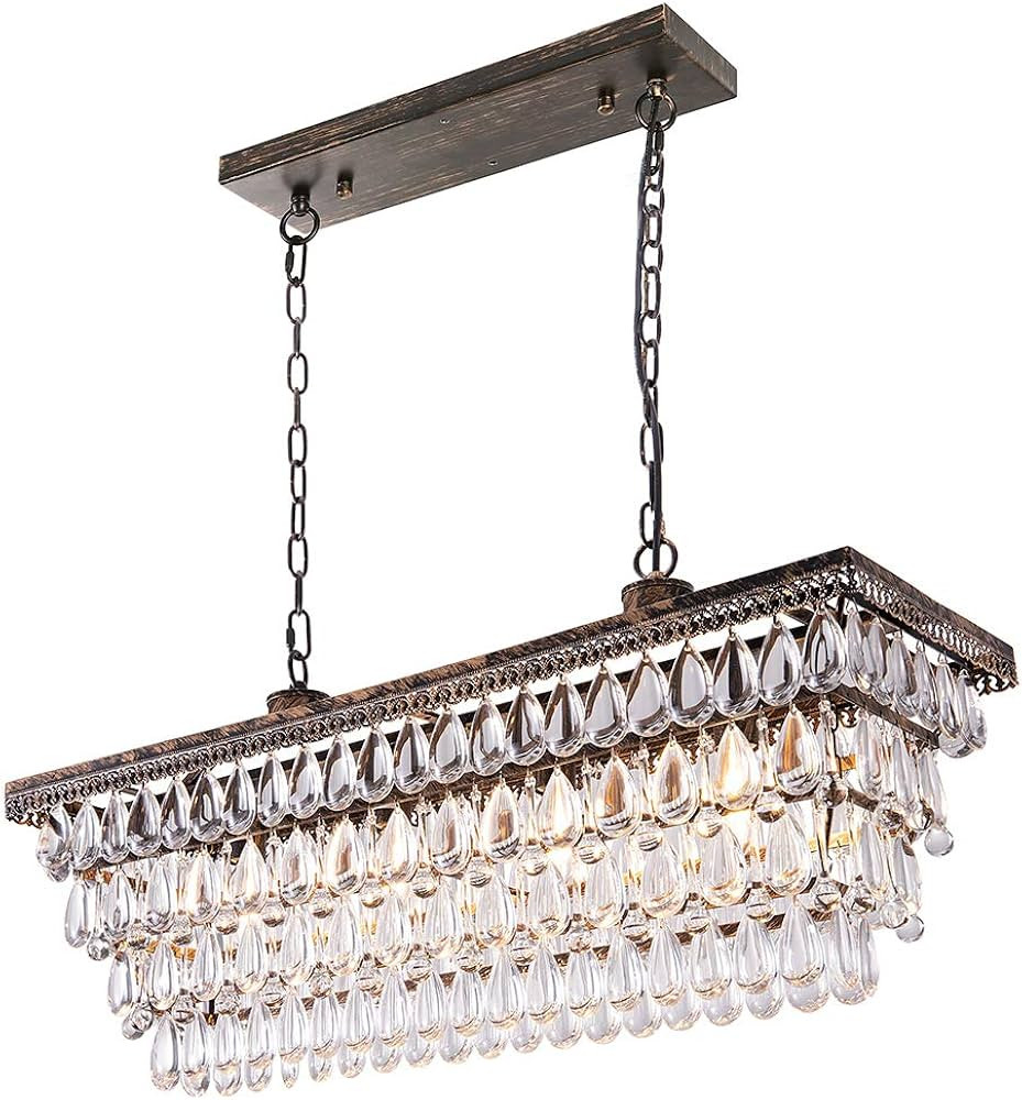 Wellmet Dining Room Crystal Chandelier,30 inch Antique Bronze Rectangle Crystal Ceiling Light,4 L... | Amazon (US)