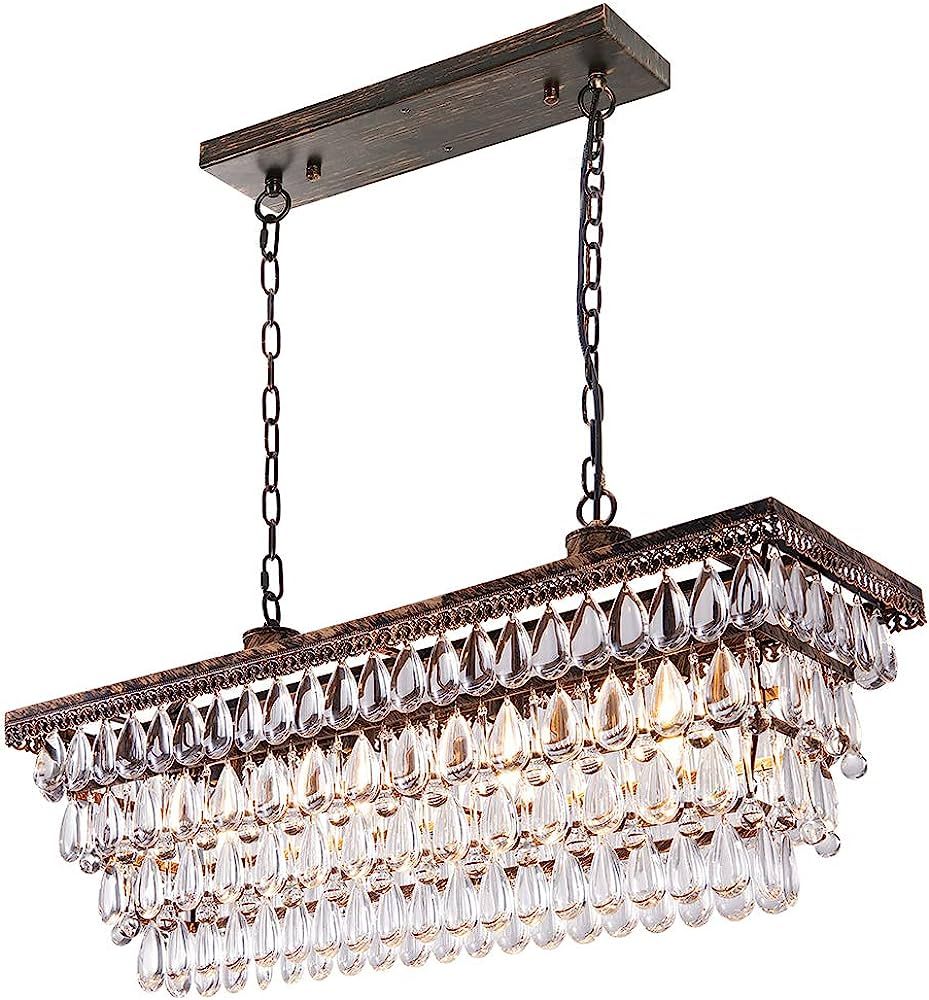 Wellmet Dining Room Crystal Chandelier,30 inch Antique Bronze Rectangle Crystal Ceiling Light,4 L... | Amazon (US)