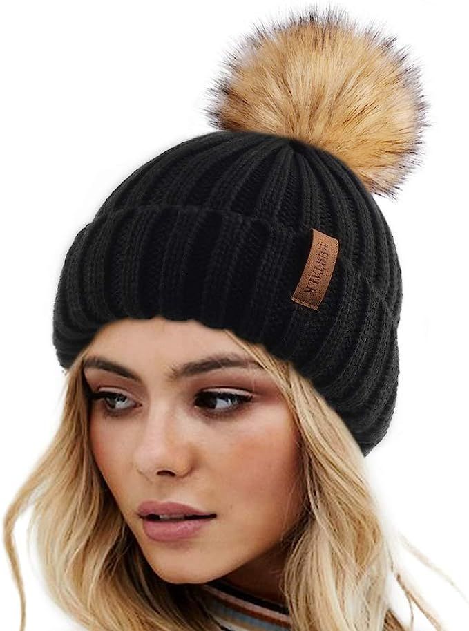 FURTALK Womens Winter Knitted Beanie Hat with Faux Fur Pom Warm Knit Skull Cap Beanie for Women | Amazon (US)