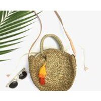 Small Round Straw Bag  Custom Tassel // Pom Pom, Shell, Tiered Tassel // Circle Crossbody Purse, Bohemian Beach Tote, Bali Basket Bag | Etsy (US)