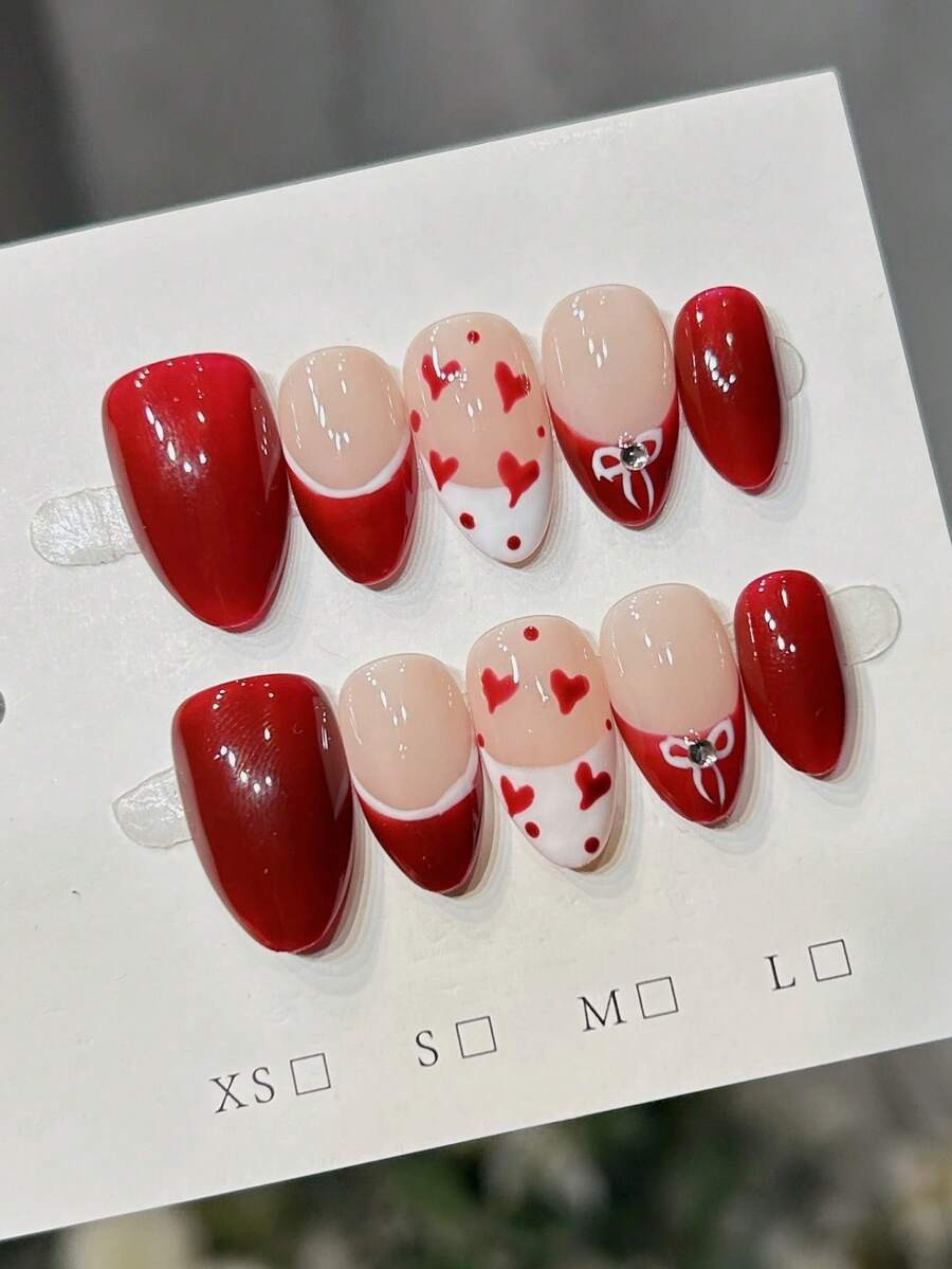 10pcs Handmade Nails Almond Nails Press On Nails Short, Minimalism Red Nails, Red French Tip Nail... | SHEIN